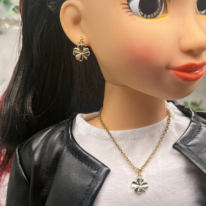 Gold Clover Charm Doll Necklace & Earrings • 18 Inch Fashion Doll Jewelry