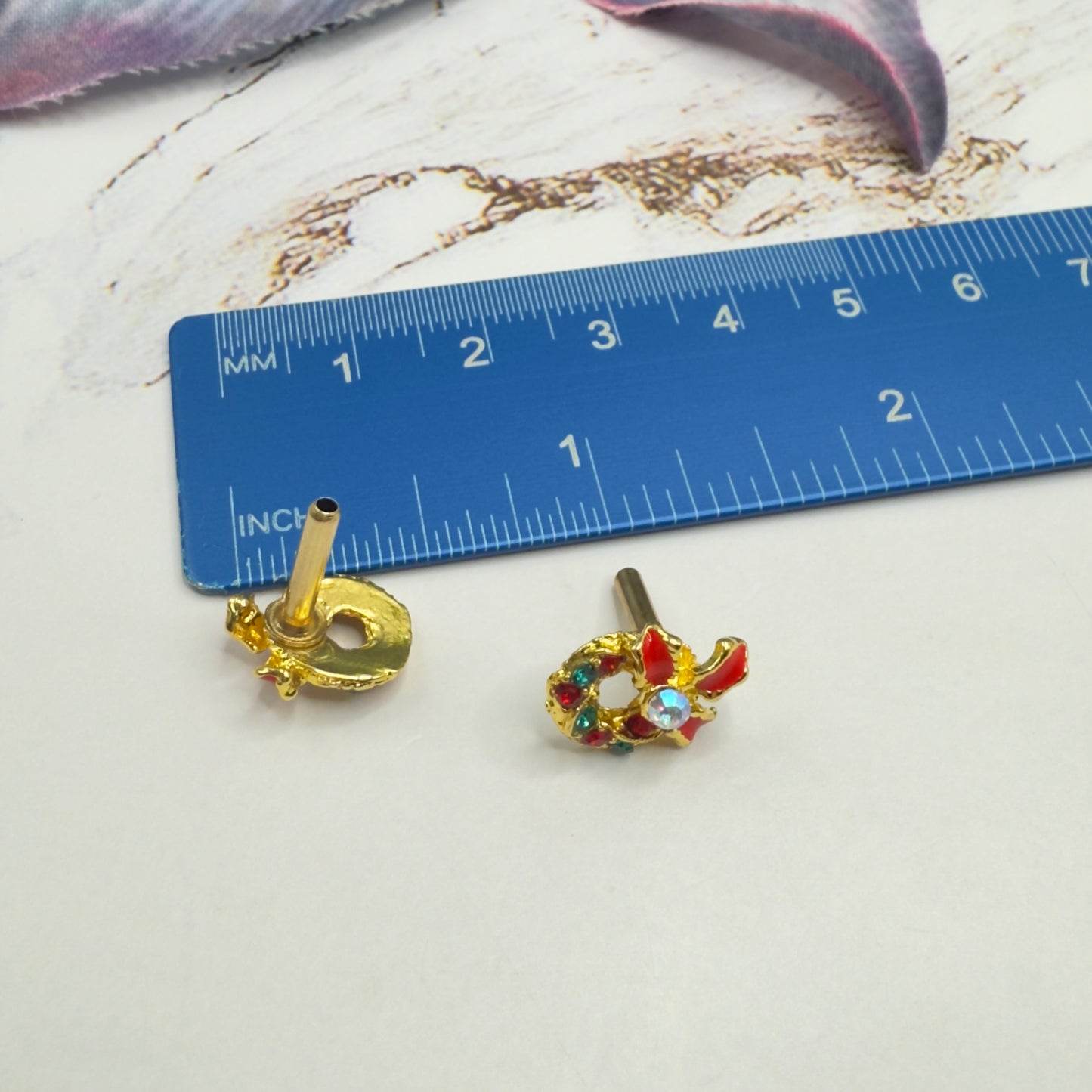 Christmas Wreath Gold Post Doll Earrings • 2mm Post for 18 Inch Fashion Doll