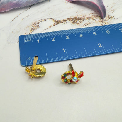 Christmas Wreath Gold Post Doll Earrings • 2mm Post for 18 Inch Fashion Doll