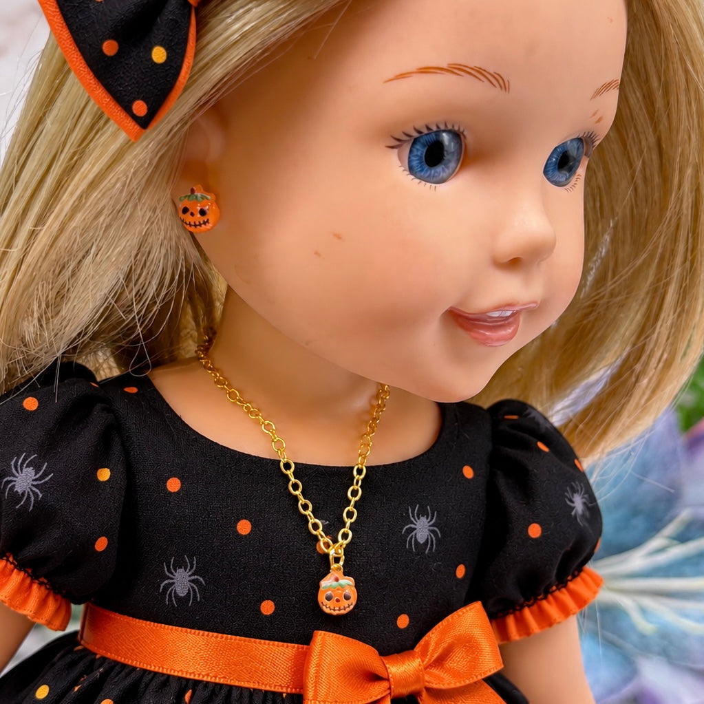 Jack-O-Lantern Pumpkin Doll Earrings and Necklace Set | for 14 Inch Fashion Doll • Wellie Wishers