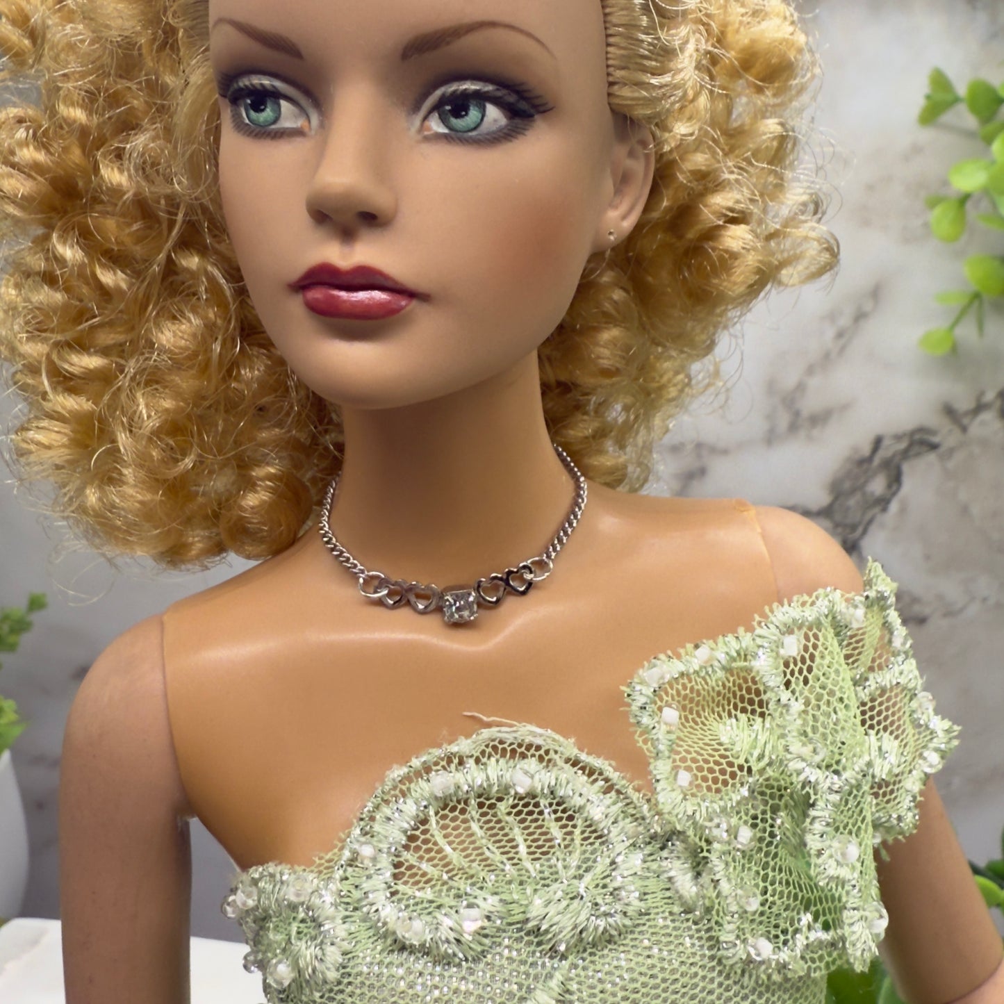 Silver Heart Clear Rhinestone Choker Chain Doll Necklace • 16” Doll Jewelry