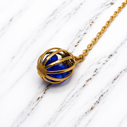 Blue Crystal and Gold Tone Chain Cage Bead Dangle Earrings - Handmade