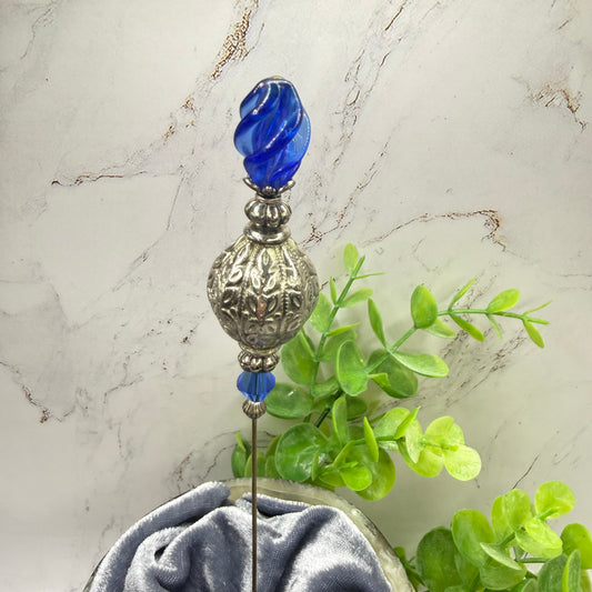 Cobalt Blue Lucite Spiral Finial Ornate Silver Tone Globe Bead Hatpin • 8 Inch