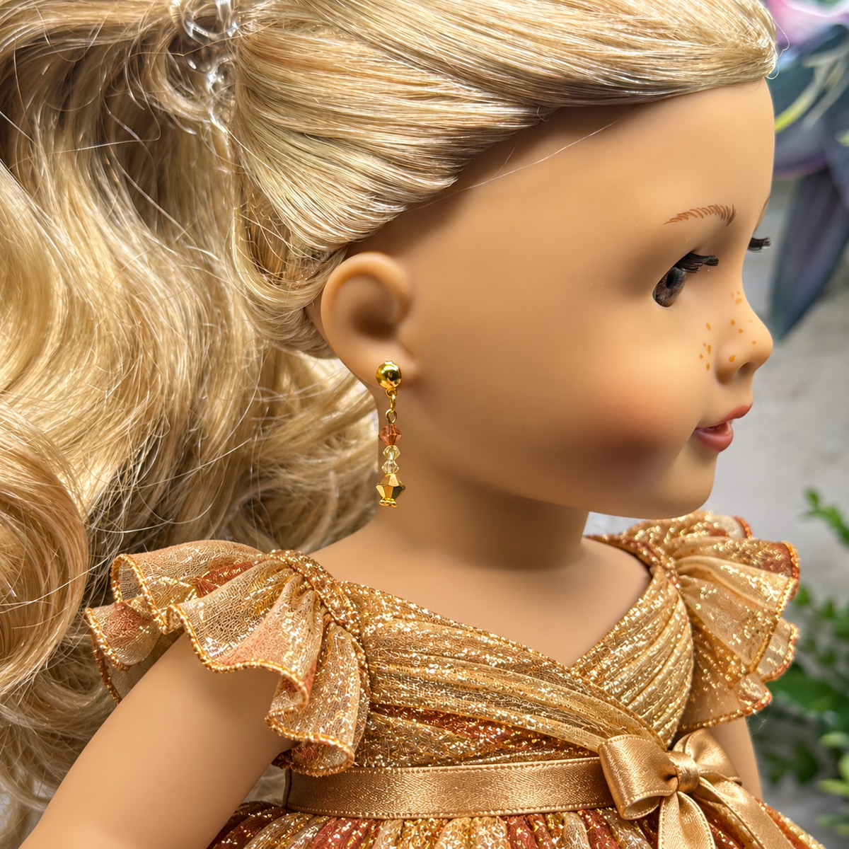 Amber Golden Clear Crystal Dangle 2mm Post Doll Earrings • fits 18 Inch Fashion Doll • American Girl