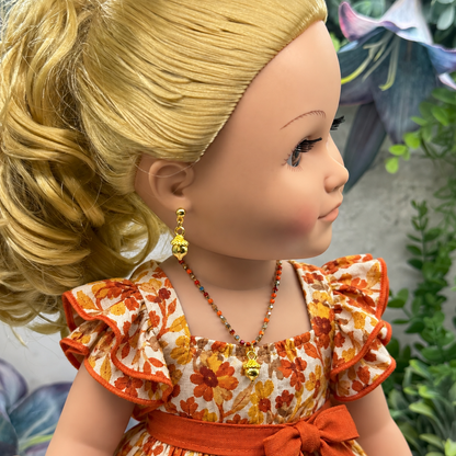 Gold Acorn Harvest Autumn Charm Fall Colors Rhinestone Doll Necklace & Earrings Set | for 18 Inch Fashion Doll