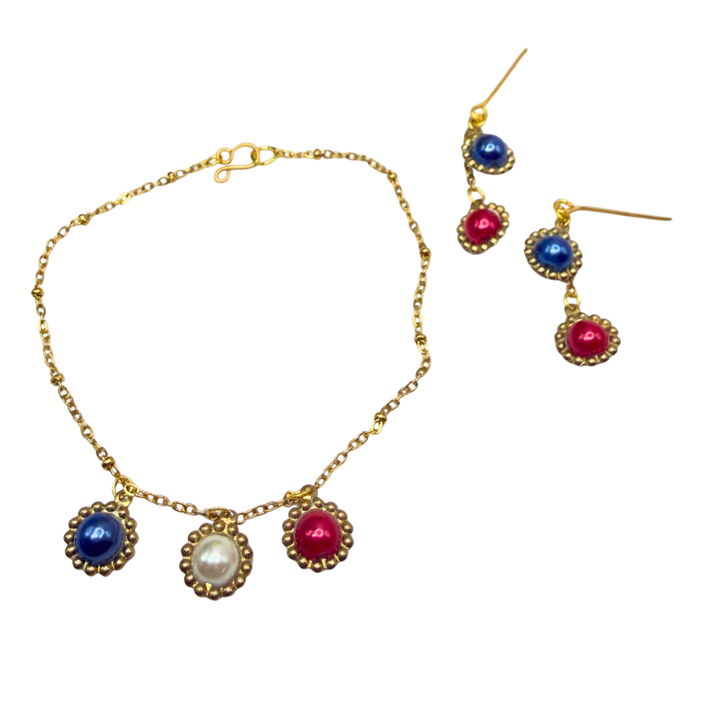 Red White Blue Pearl Dangle Gold Doll Necklace & Earrings Set for 18 Inch Fashion Doll