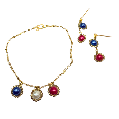 Red White Blue Pearl Dangle Gold Doll Necklace & Earrings Set for 18 Inch Fashion Doll