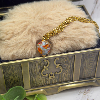 Orange Blue White Swirl Glass Heart Pendant Gold Chain Doll Necklace • 18 Inch Fashion Doll Jewelry
