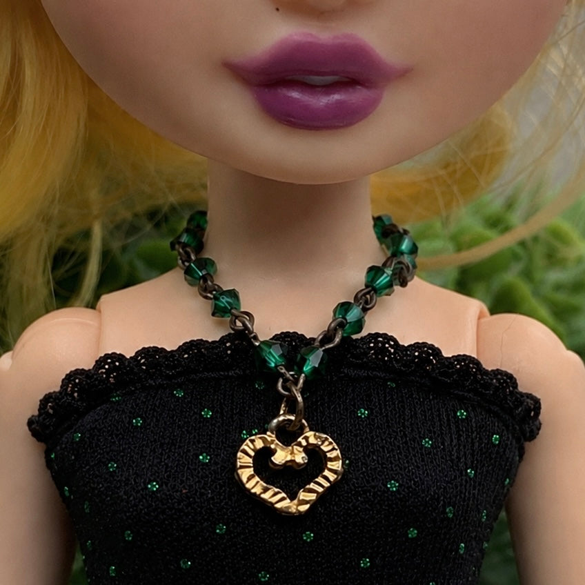 Green Crystal Bead Gold Heart Pendant Doll Necklace • 10-12” Fashion Doll Jewelry