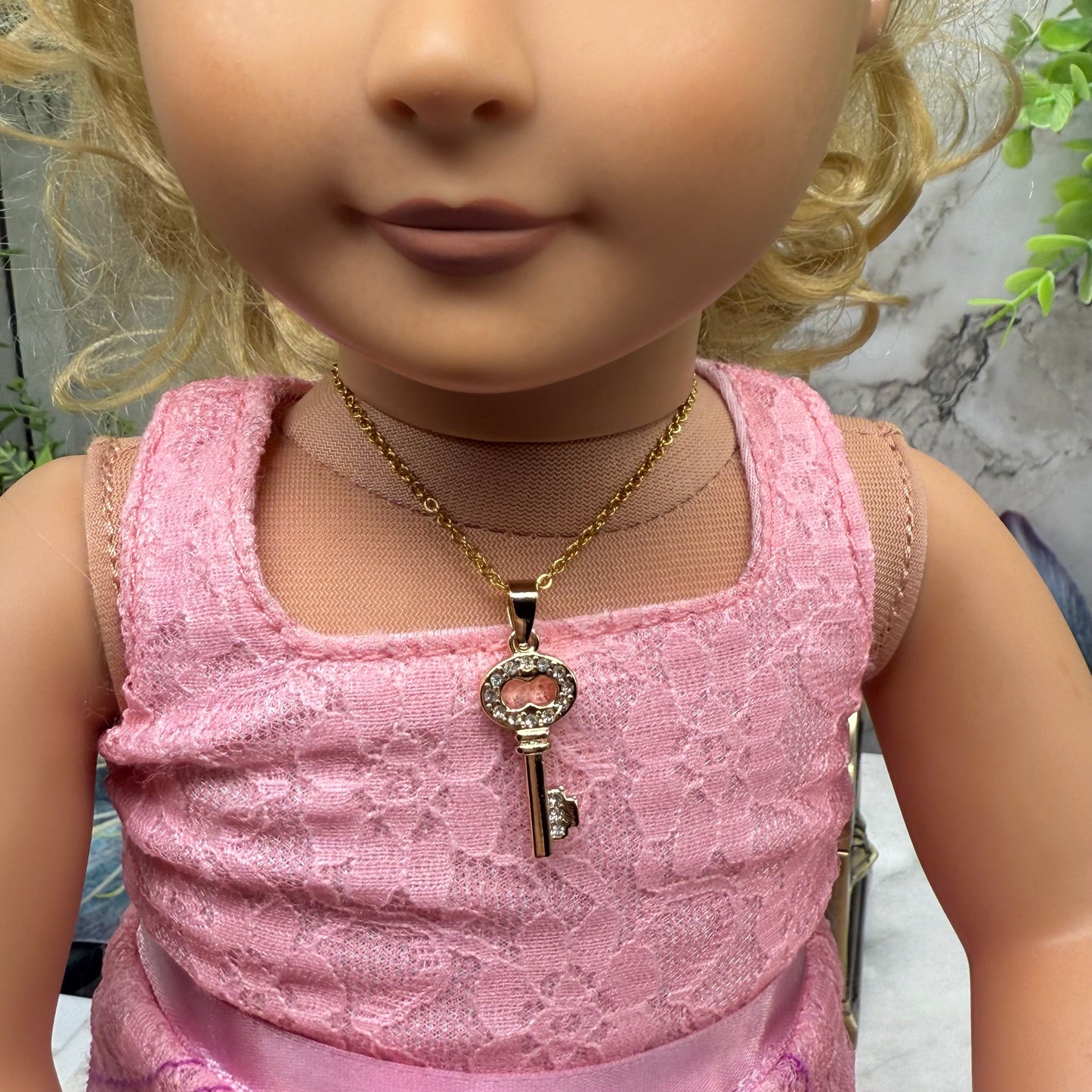 Gold Key Rhinestone Accent Pendant Doll Necklace • 18 Inch Fashion Doll Jewelry