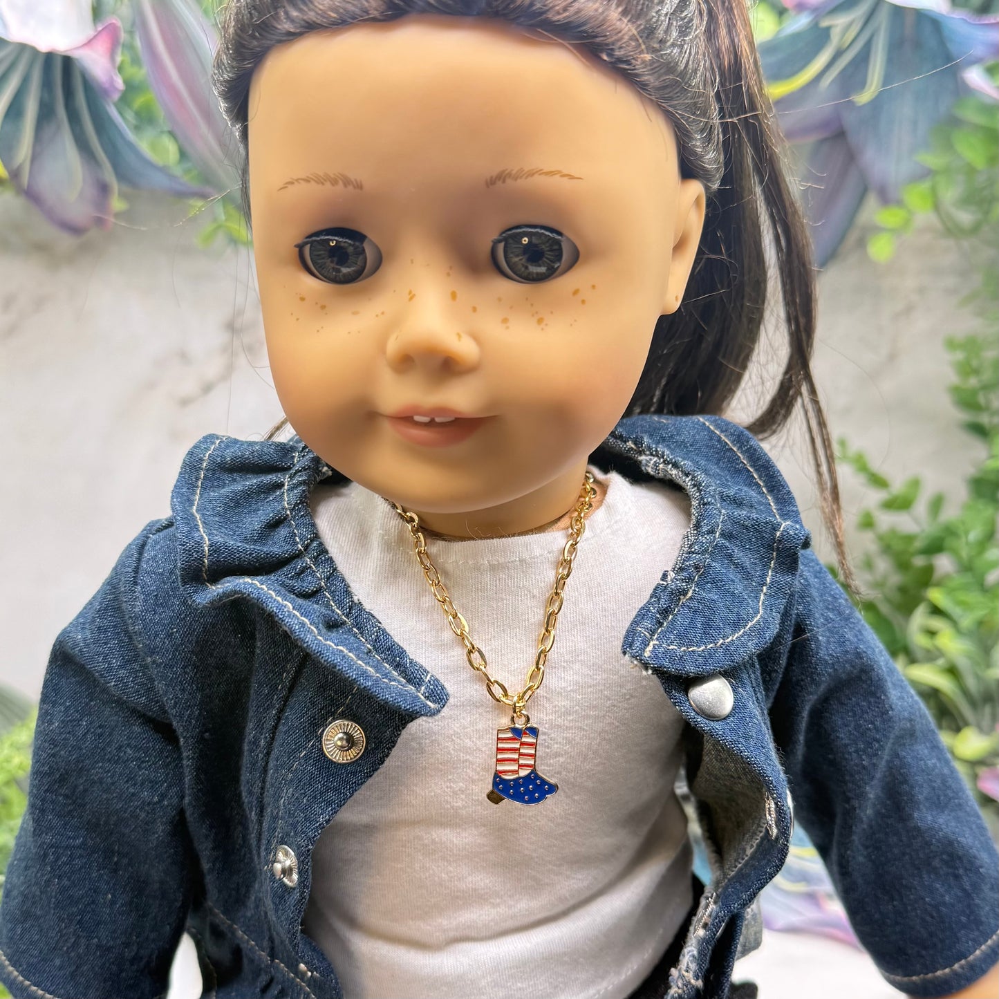 Red White Blue Flag Cowboy Boots Charm Gold Chain Doll Necklace for 18 Inch Fashion Doll
