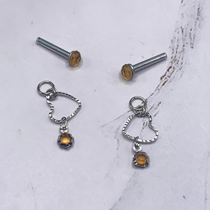 Golden Amber Rhinestone Post Silver Heart Doll Earring fits 18” American Girl