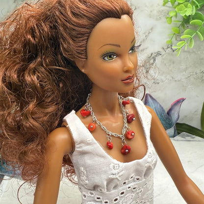 Red Stone Dangles Silver Chain Doll Necklace • 16 Inch Fashion Doll Jewelry