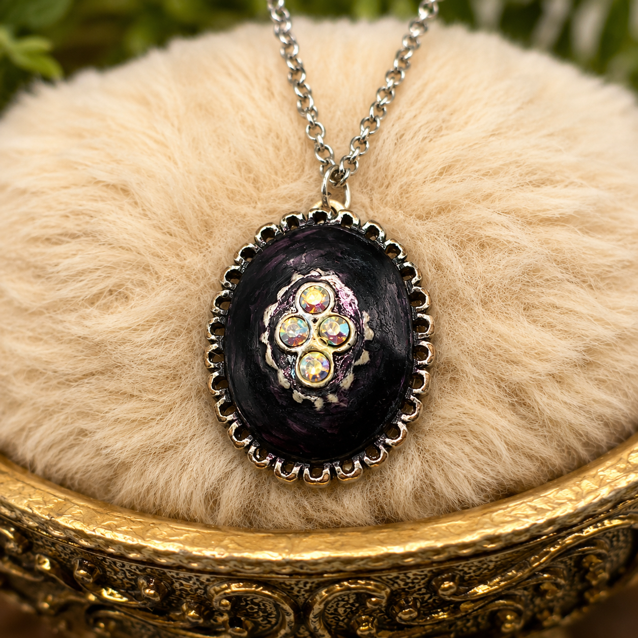 Oval Black Locket Rhinestone Detail Doll Necklace • 18 Inch Fashion Doll Jewelry