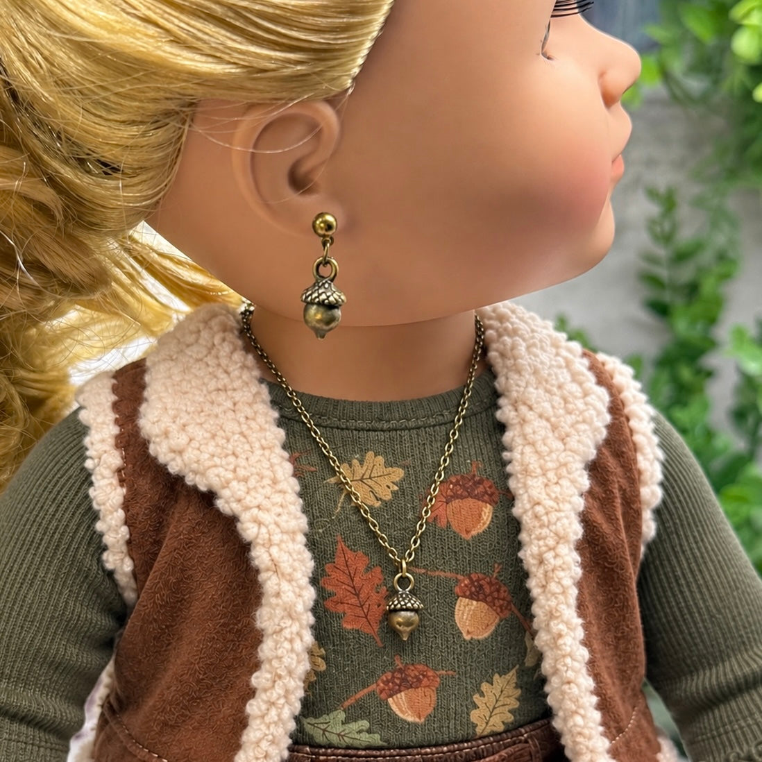 Bronze Tone Acorn Autumn Charm Doll Necklace and Earrings Set | for 18 Inch Fashion Dolls