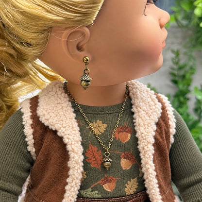 Bronze Tone Acorn Autumn Charm Doll Necklace and Earrings Set | for 18 Inch Fashion Dolls
