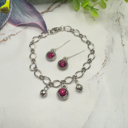 Dark Pink Rhinestone Large Silver Link Necklace & Earrings Set • 18 Inch Fashion Doll Jewelry