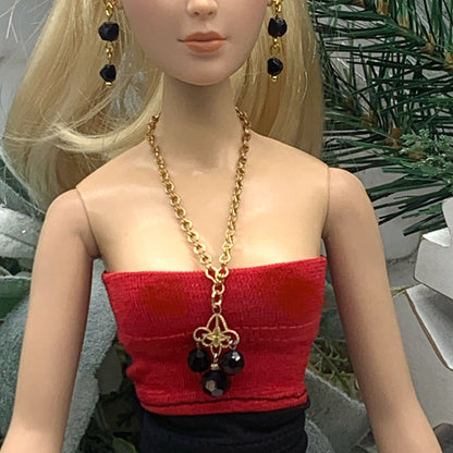 Black Glass Crystal Statement Doll Necklace Earring Set • 16” Doll Jewelry