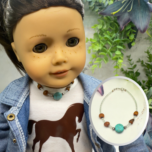 Turquoise Blue Brown Clear Beaded Western Look Doll Necklace • 18 Inch Fashion Doll Jewelry