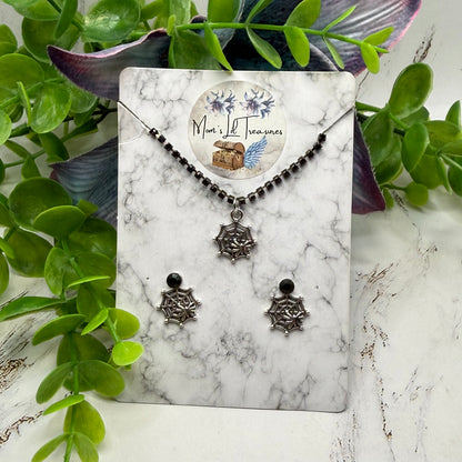 Silver Spider Web Charm Black Rhinestone Doll Necklace & 2mm Post Earrings | for 18 Inch Dolls • American Girl