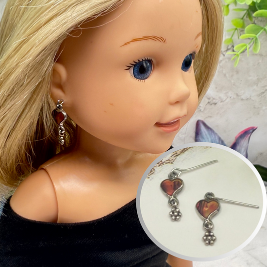 Burgundy Rust Abalone Heart Silver Dangle Doll Earrings • 14 Inch Doll Jewelry