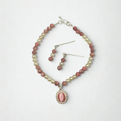 Pink Glass Pearl Oval Pendant Doll Necklace & Earrings • 18 Inch Fashion Doll Jewelry