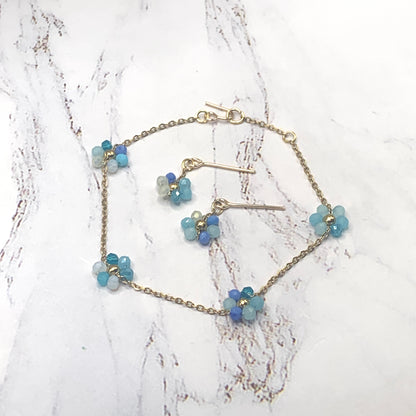 Blue Glass Flower Design Gold Chain Necklace Earrings Set • 18” Doll Jewelry