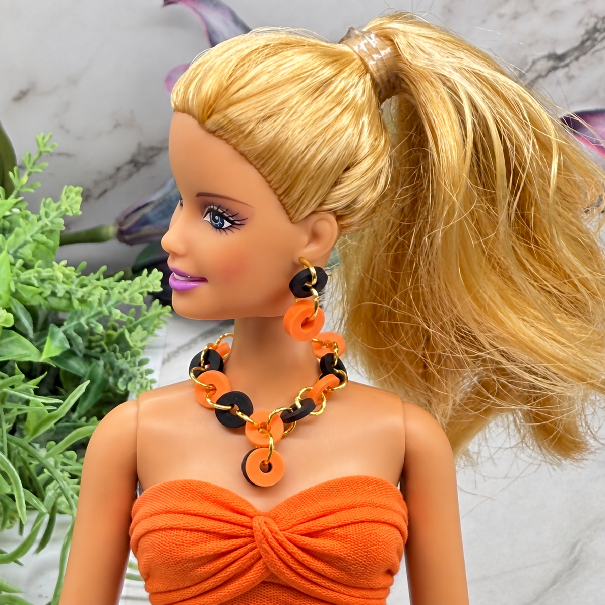 Orange Black Circle Design Earrings and Necklace | for 10-12 Inch 1:6 Fashion Doll