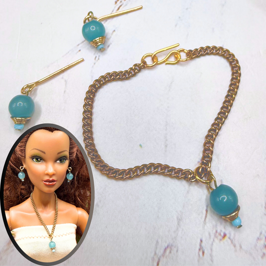 Blue Drop Dangle Gold Chain Doll Necklace & Earrings Set • 16 Inch Fashion Doll Jewelry