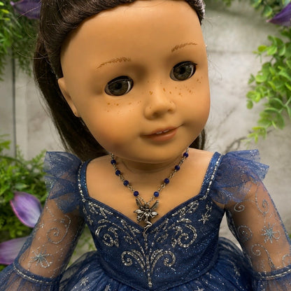 Silver-Tone Fairy Pendant Blue Glass Crystal Beaded Doll Necklace • 18 Inch Fashion Doll Jewelry