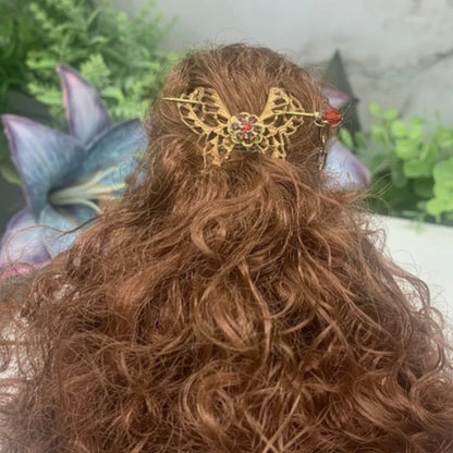 Butterfly Filigree Hair Clip Barrette Chain Dangle Red Crystal Hair Pin
