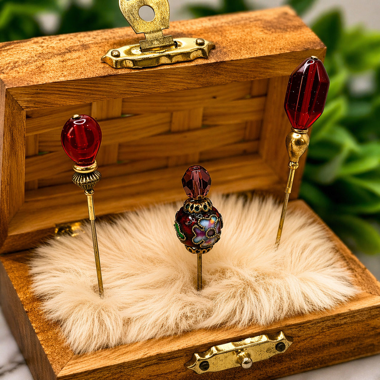 Red Glass Cloisonné Set of 3 • Stick Pins, Hatpins, Sewing pins, Gifts for Her