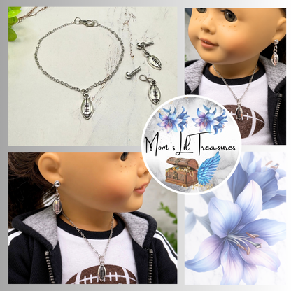 Silver Football Sports Charm Doll Necklace & 2mm Post Earrings | for 18 Inch Doll • American Girl