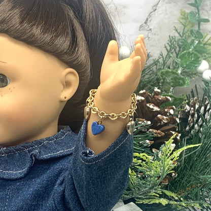 Blue Glass Gold Heart Charm Doll Bracelet • 18 Inch Fashion Doll Jewelry