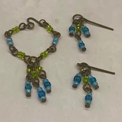 Blue Yellow Brass Tone Multi Dangle Necklace Earring Set • 10-12” 1:6 Doll Jewelry