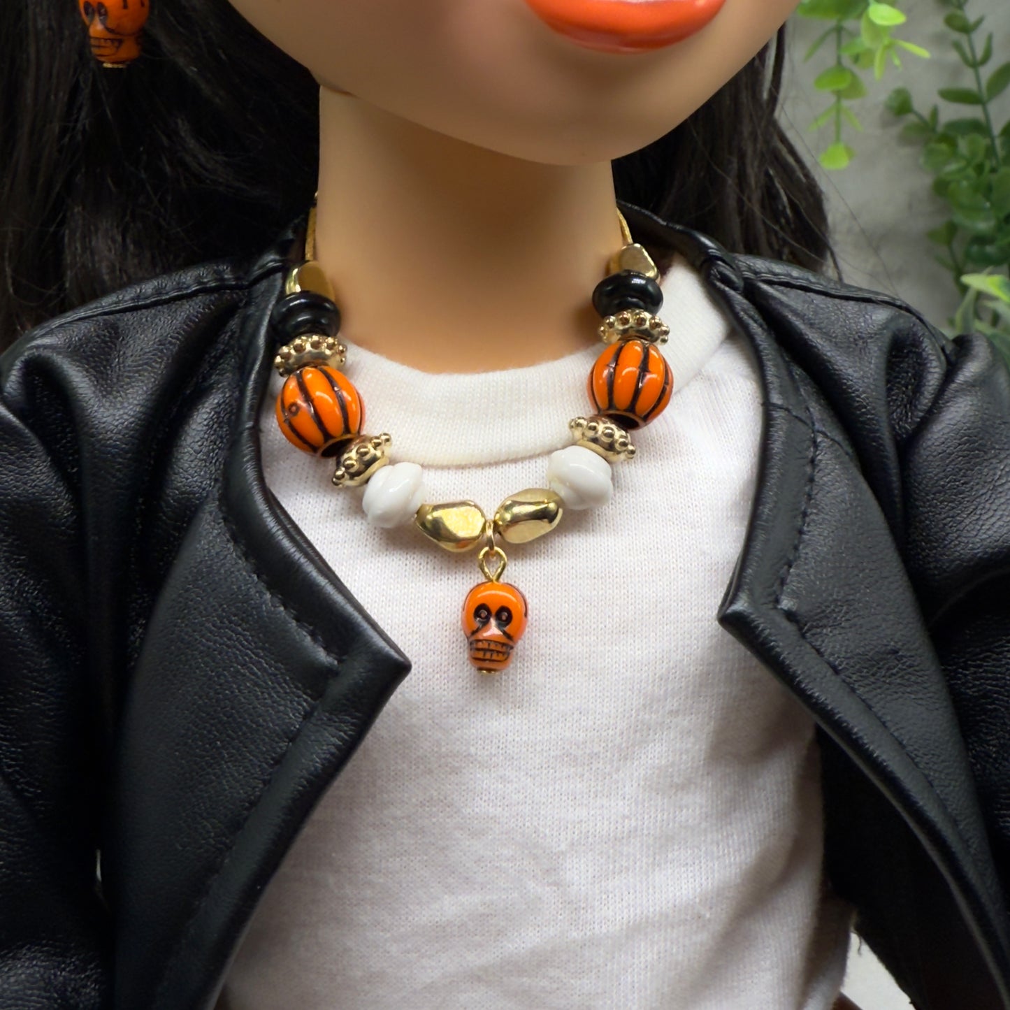 Skull Charm Halloween Acrylic Slide Bead Gold Chain Doll Necklace and Earrings Set • 18 Inch Fashion Doll Jewelry