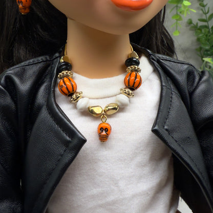 Skull Charm Halloween Acrylic Slide Bead Gold Chain Doll Necklace and Earrings Set • 18 Inch Fashion Doll Jewelry