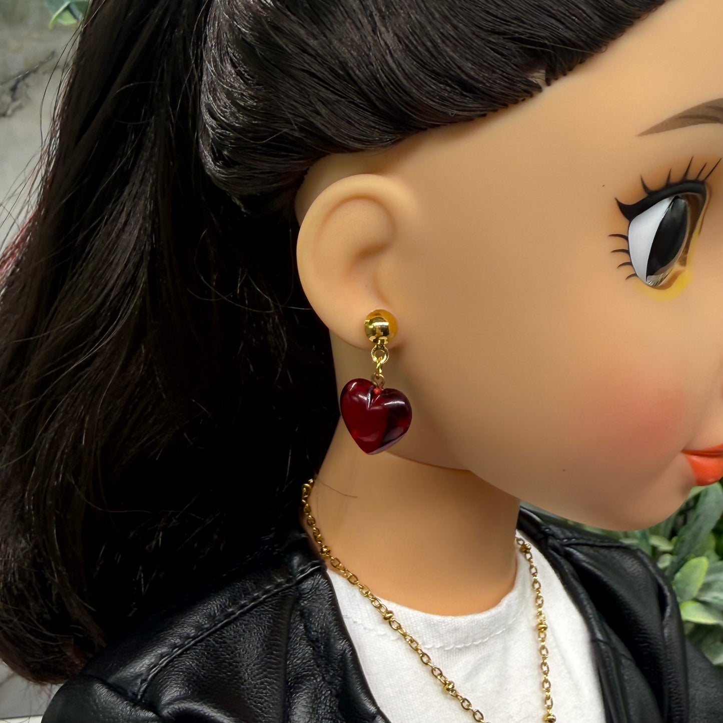 Burgundy Red Heart Charm Gold Chain Doll Necklace & Earrings Set • 18 Inch Fashion Doll Jewelry