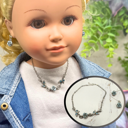 Light Blue Rose Enamel Rhinestone Silver Doll Necklace & Earrings Set • 18 Inch Fashion Doll Jewelry