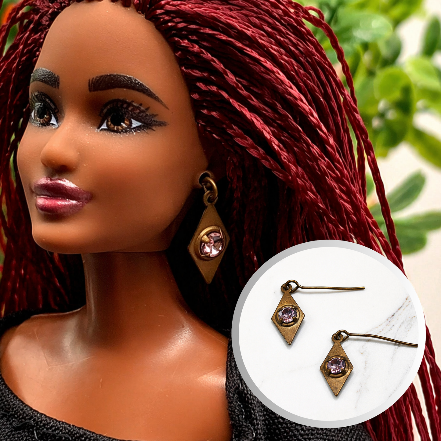 Diamond Pink Rhinestone Gold Brass Dangle Doll Earrings for 11-12” Fashion Doll Jewelry
