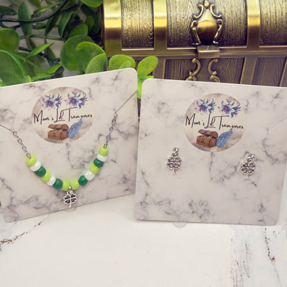 Green White Beaded Silver Four-Leaf Clover Shamrock Charm Doll Necklace & Earrings • 14 Inch Fashion Doll Jewelry