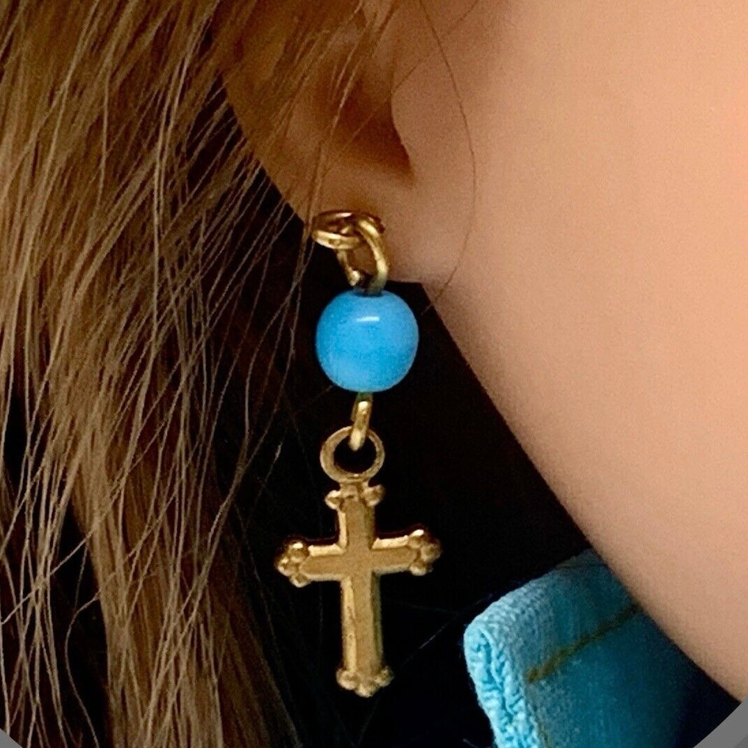 Turquoise Blue Glass Gold Cross Dangle Doll Earrings · 14” Fashion Doll Jewelry