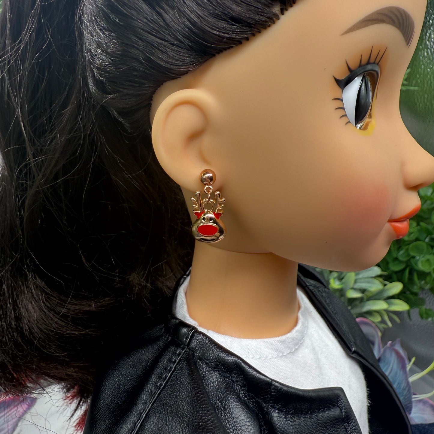 Copper Rose Gold Tone Rudolph Red Nose Reindeer Christmas Dangle Doll Earrings • 18 Inch Fashion Doll Jewelry