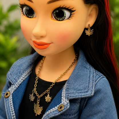 Gold Leaf Charm Dangle Doll Necklace Earrings Set • 18 Inch Fashion Doll Jewelry