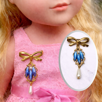Gold Tone Pin Blue Rhinestone and Pearl Dangle Accent • Doll Brooch