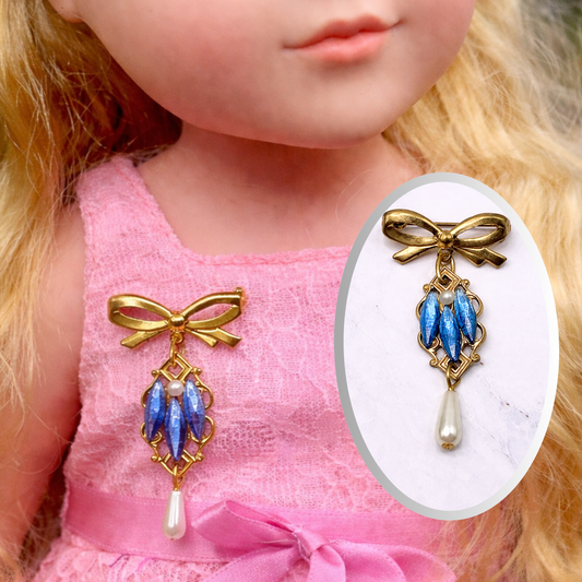 Gold Tone Pin Blue Rhinestone and Pearl Dangle Accent • Doll Brooch