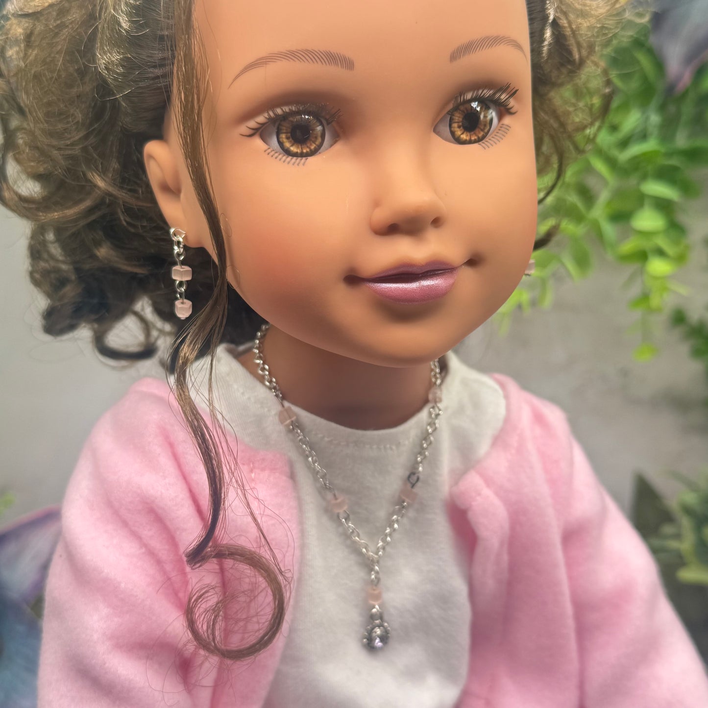 Light Pink Glass Bead Silver Chain Doll Necklace & Earrings • 18 Inch Fashion Doll Jewelry