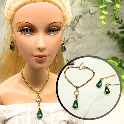 Green Rhinestone Teardrop Gold Doll Necklace Earring Set • 16 Inch Doll Jewelry