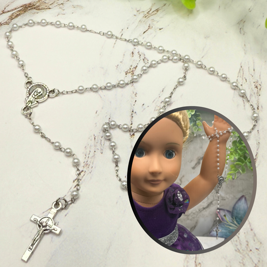 White Pearl Beaded Silver Crucifix • Doll Size Catholic Rosary