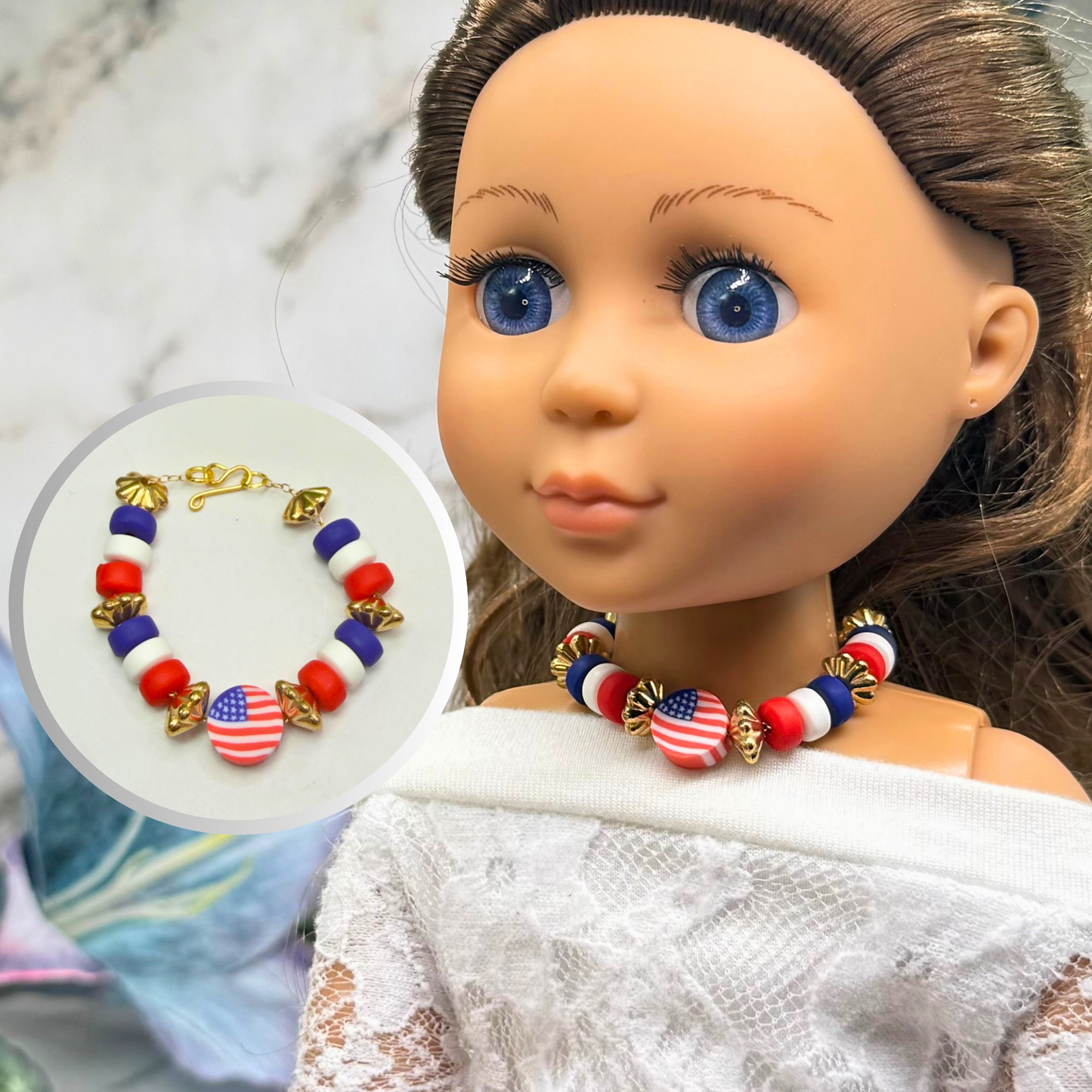 Red White Blue Americana Beaded Doll Necklace for 14 Inch Fashion Dolls